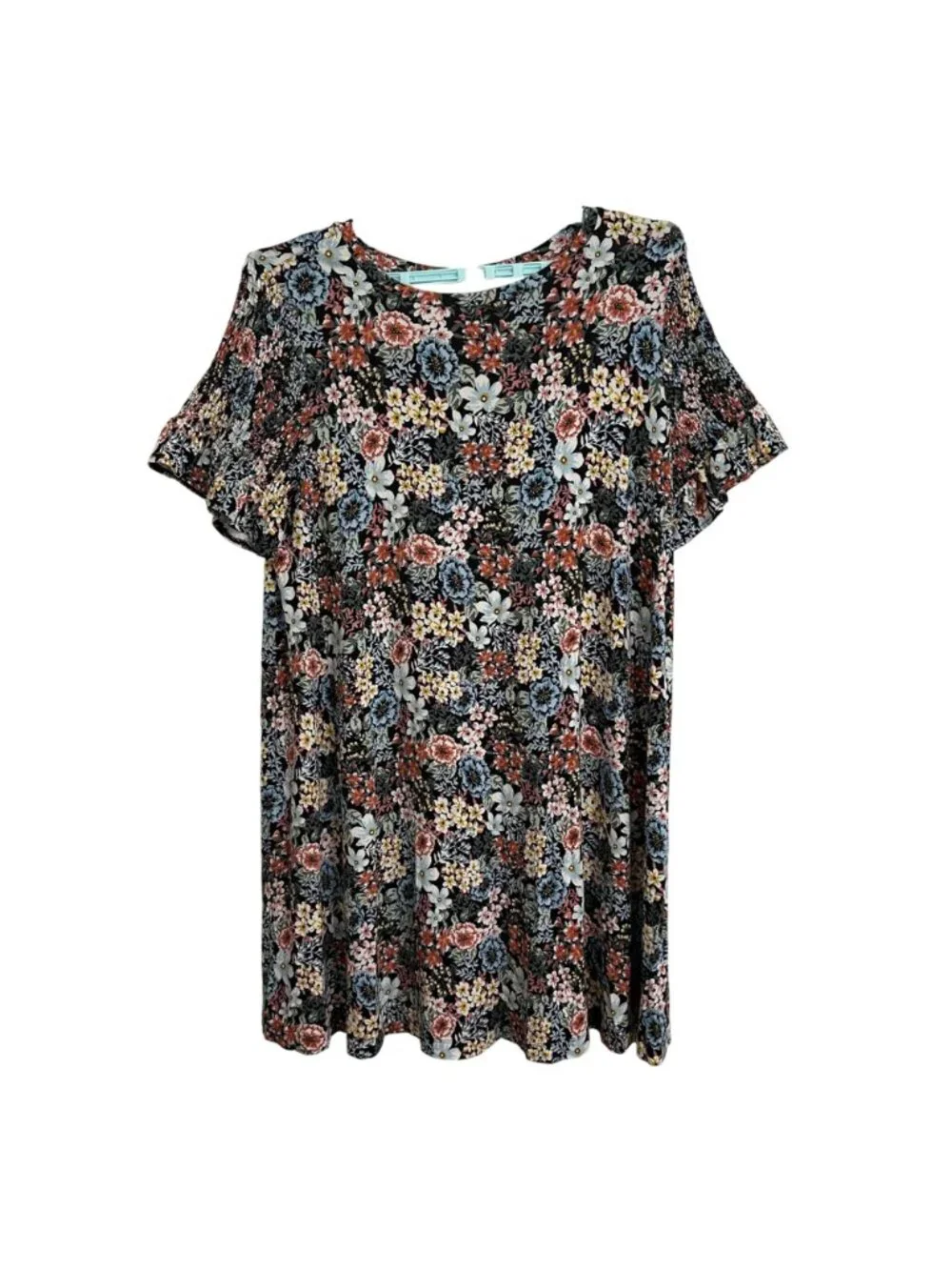 Loft Plus Womens Floral Print Short Smocked Ruffle Sleeve Dress Size 14 Boho - Picture 2 of 9